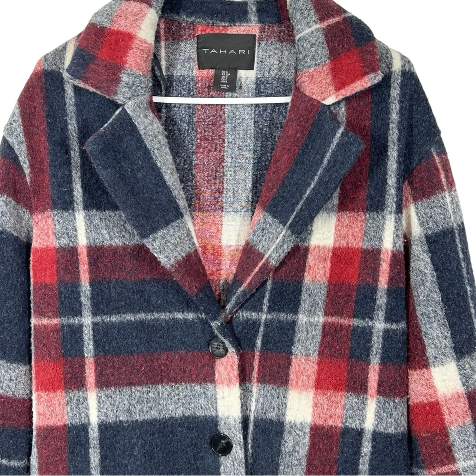 Tahari Wool Blend Plaid Shacket Size Small Red White & Blue Mid-Length - Image 3