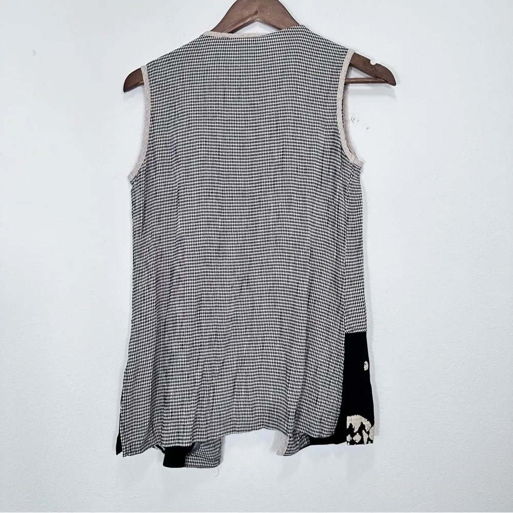 Vintage 90s Gingham Vest First Option Black & Cream Lagenlook Artistic Button Up - Image 6