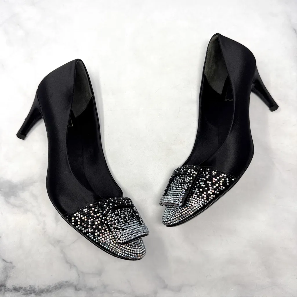 Roger Vivier Belle De Nuit Trompette Silk Satin Rhinestone Pumps Heels Black 38 Size 7 - Image 9