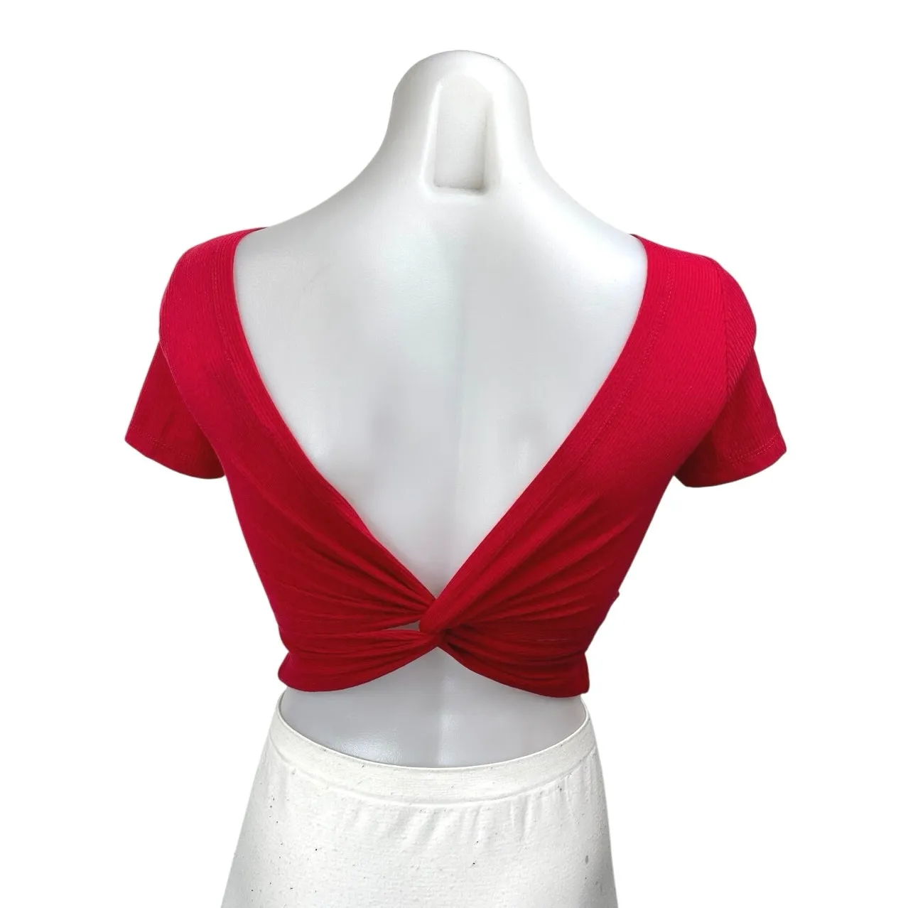Hollister Red Ribbed Knit Short Sleeve Open Twist Back T Shirt Crop Top Size XS - Image 2