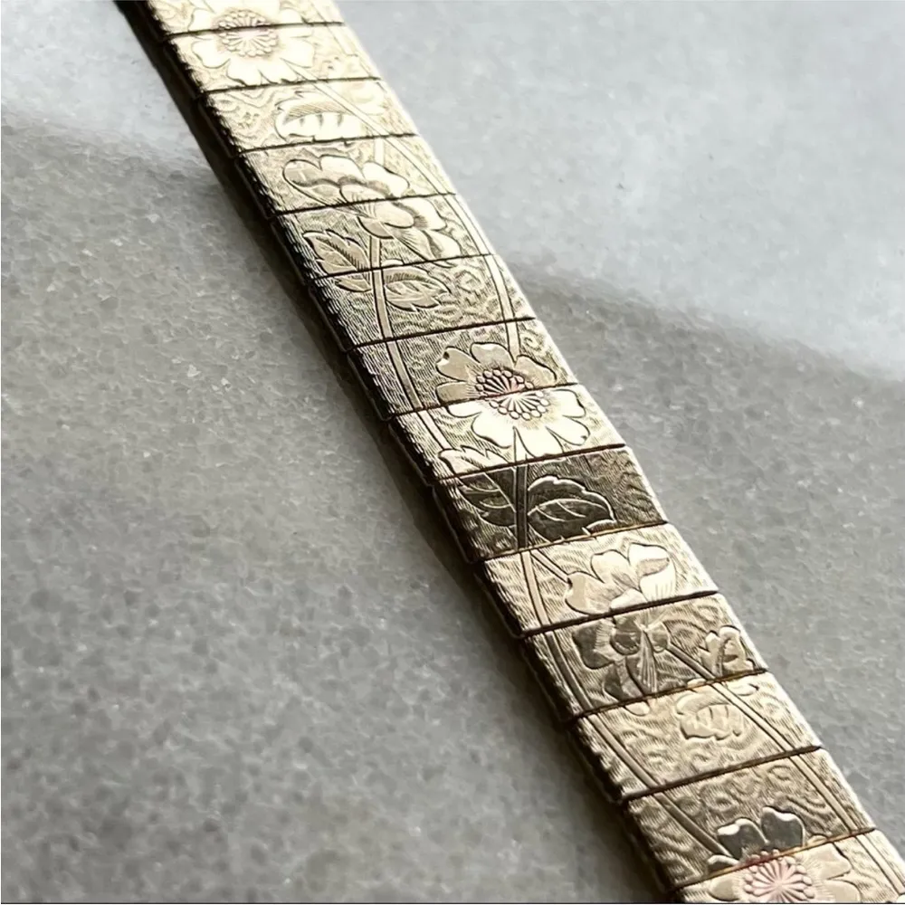 Vintage Etched Gold Tone Floral Panels Tile Bracelet 7” Long Paneled Mod MCM - Image 9