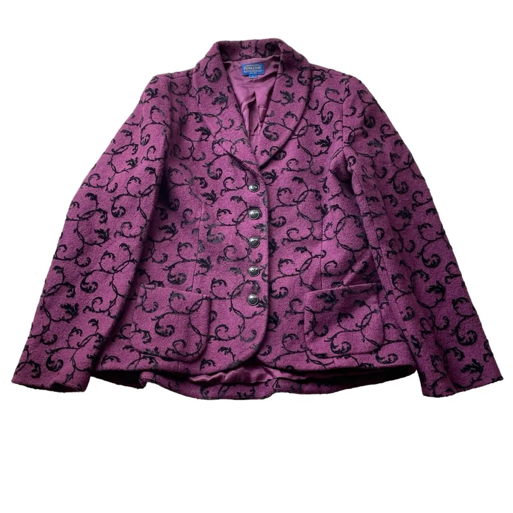 Pendleton Wool Blazer Jacket Boucle Purple Black velvet Size Large Fleur dis Lis - Image 8