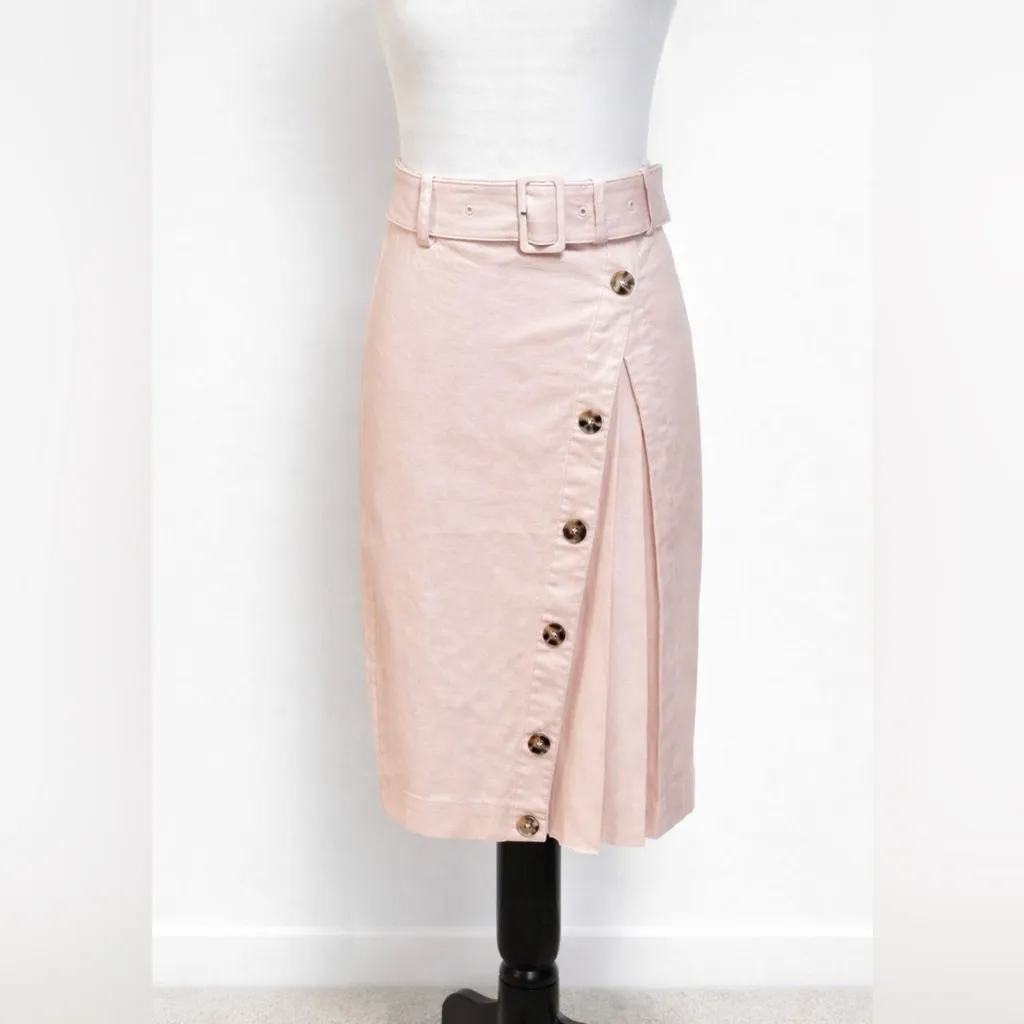 NWT Anthropologie Belted Button-Front Slit Skirt  Linen Blend Midi Pink Rose~0💛 - Image 2