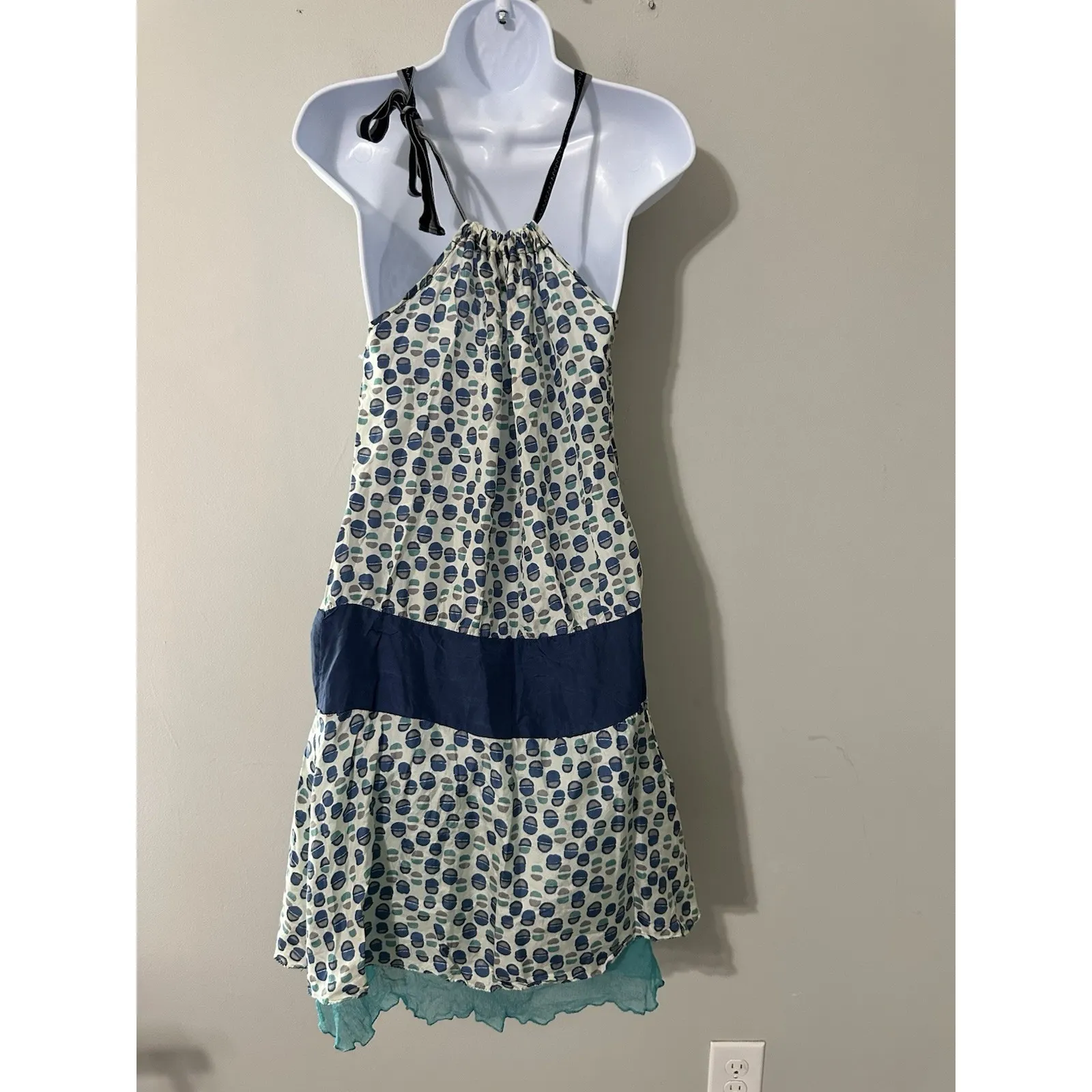 DANIELE FIESOLI 100% Silk Halter Dress Tunic Blue Geometric Layered Size S - Image 5