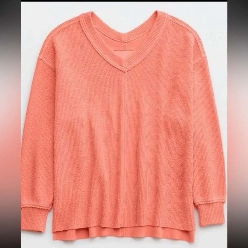 Aerie Wonder Textured V Neck Oversized Sweatshirt Saturn Peach Top Coral Orange - Image 2