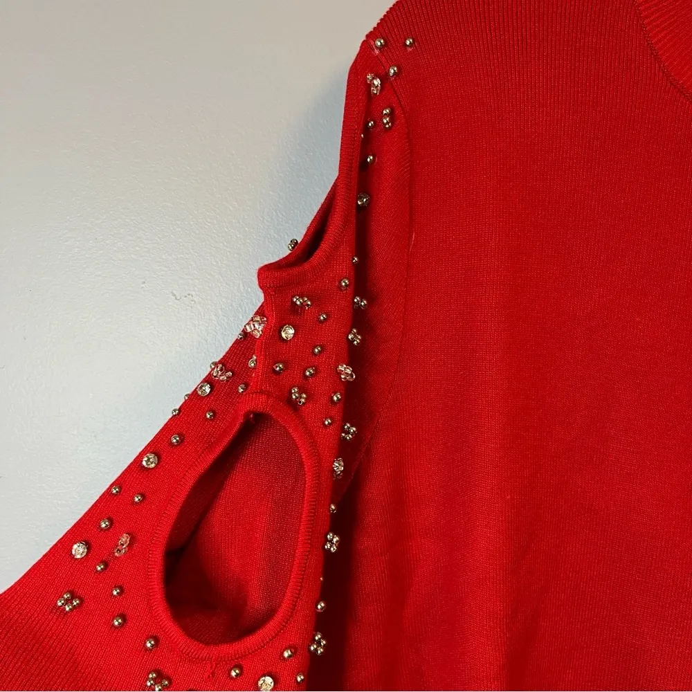 The Limited Knit Top Red Mock Neck Bejeweled Short Sleeve Cut Out Top Sz 3X NWT - Image 6