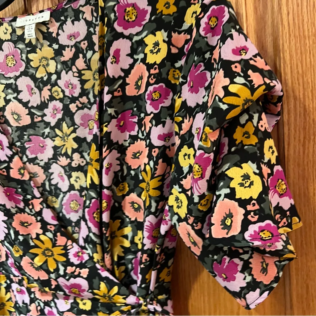 Topshop Floral‎ Print Wrap Front Tie Waist Bell Sleeve Angel Mini Dress Size 6 - Image 15