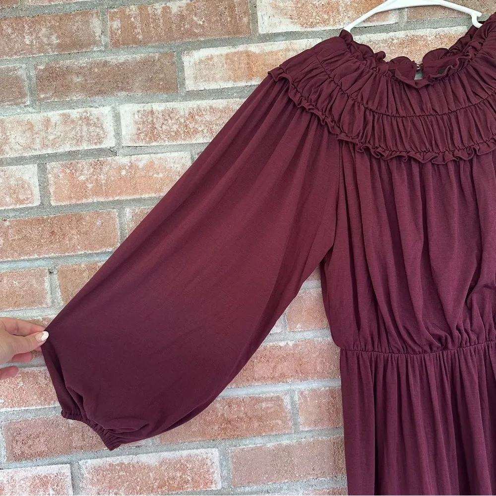Ann Taylor Burgundy Long Sleeve Dress Ruffle NEW Women’s XS Stretchy - Image 4