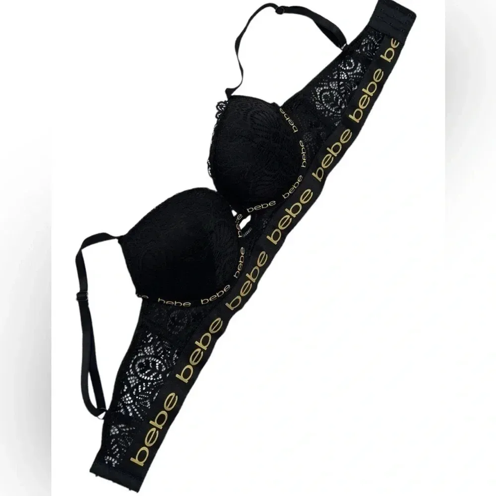 Womens Black Bebe Logo Lace Underwire Padded Push Up Bra Size 34C​​​‎ - Image 3