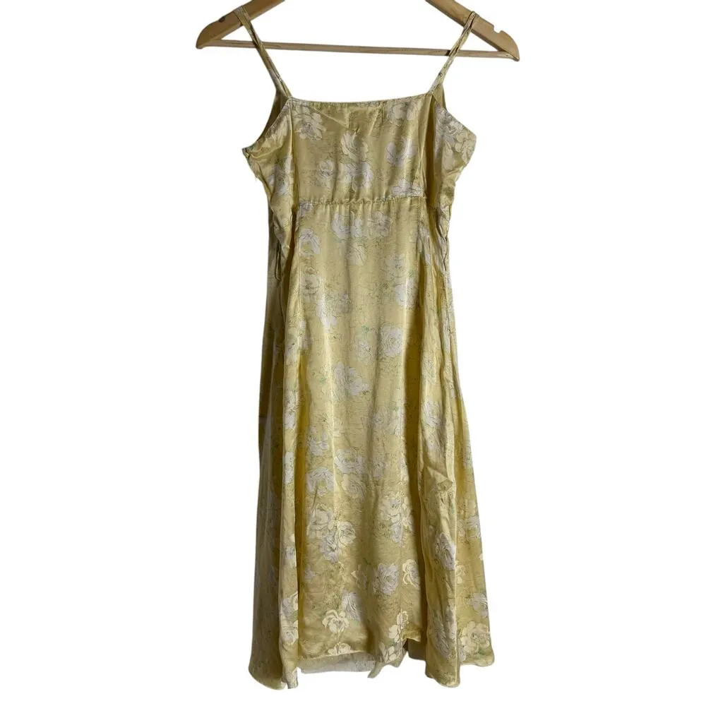 Vintage Free People Yellow Silk Satin Floral Print Empire Slip Mini Dress Size 2 - Image 8