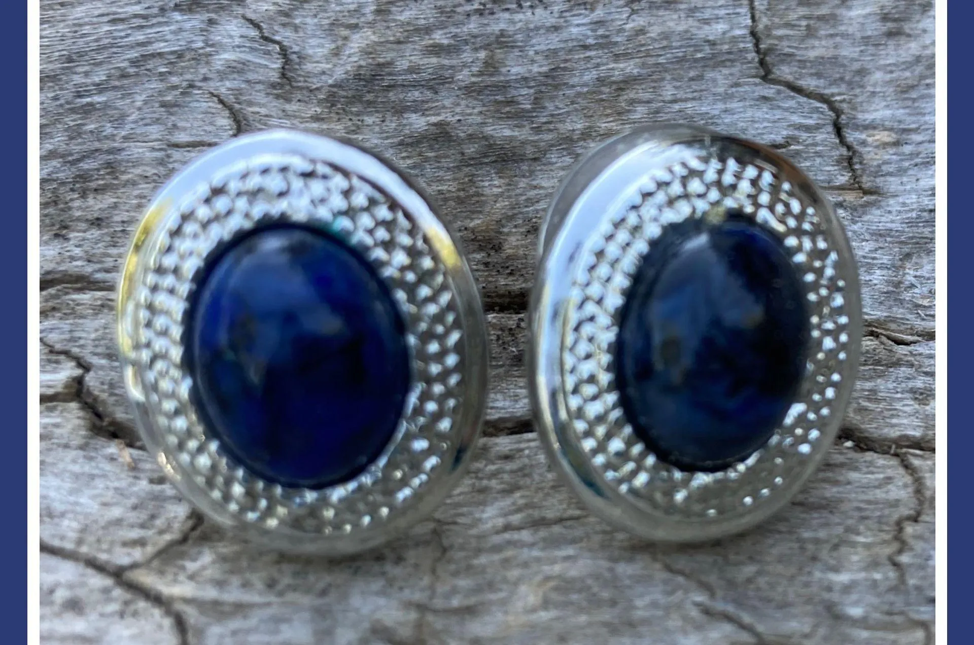 Vintage 90s  Silver Tone Navy Blue Stone Stud Earrings Oblong - Image 2