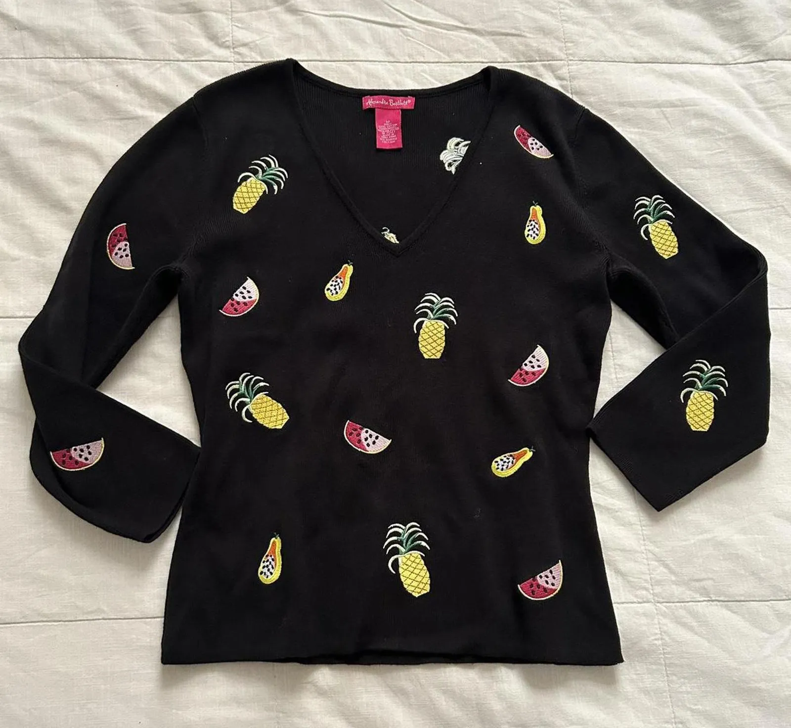 Alexandra Bartlett Black 3/4 sleeve sweater pineapple, watermelon, papaya Size M - Image 1