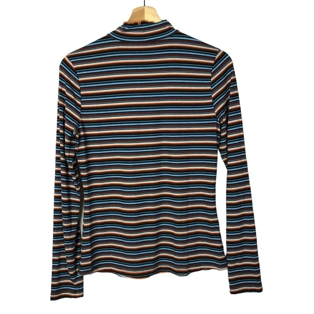 Modcloth Blue & Orange Striped Lettuce Mock Neck Long Sleeve S - Image 2