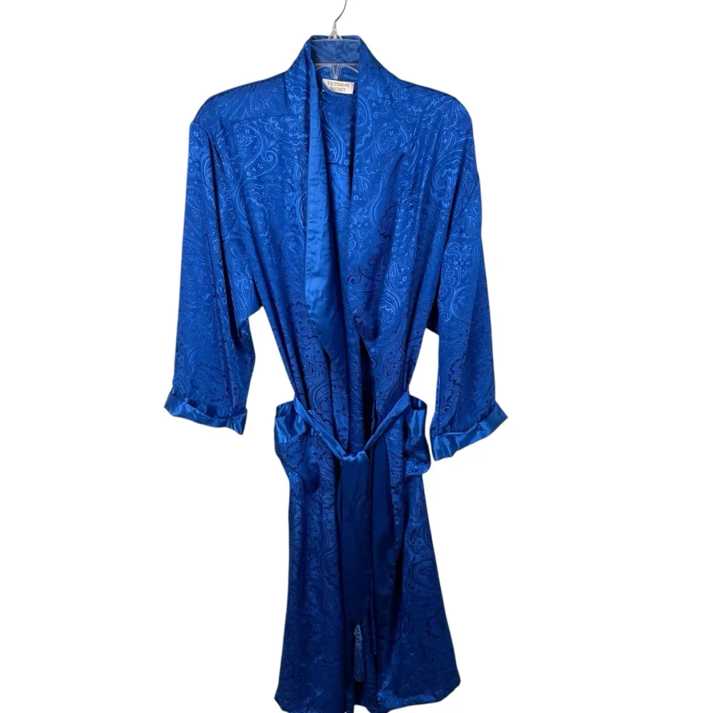 Vintage Victoria's Secret Gold Label Blue Silky Damask Jacquard Bathrobe Tassels - Image 9