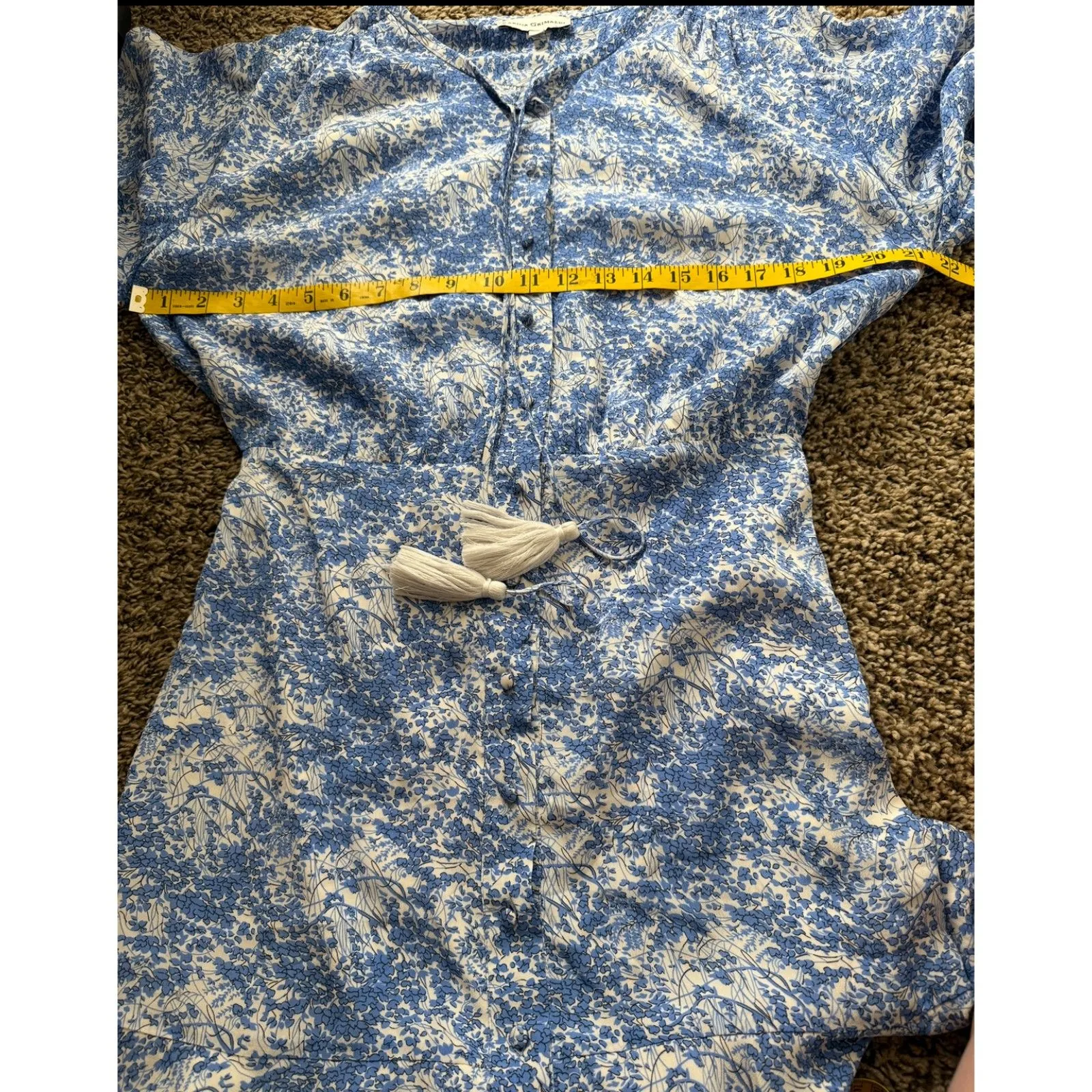 Karina Grimaldi Blue Floral Mini Dress Womens Sz S Boho Beachy Tassel Feminine - Image 9