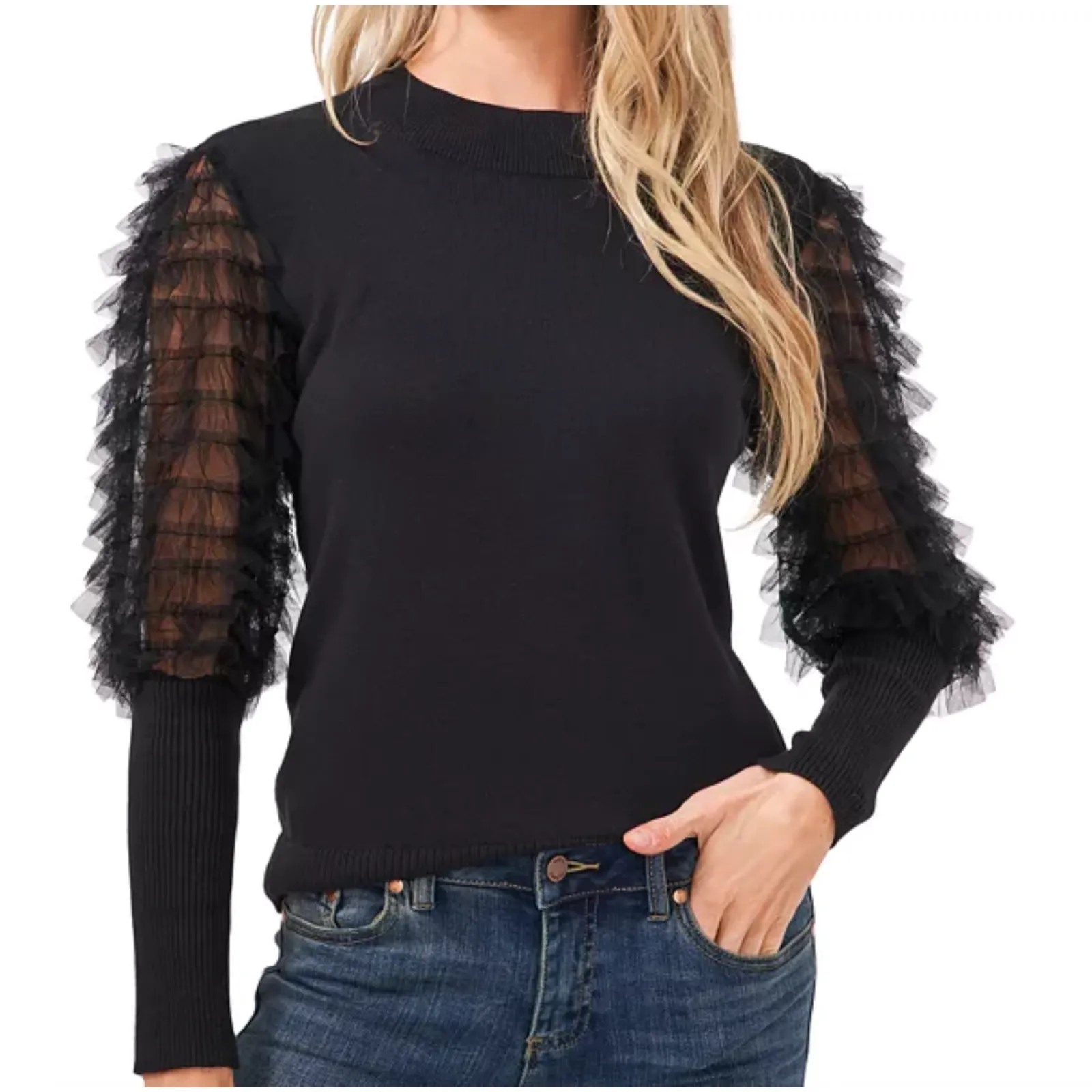CeCe Sheer Ruffled Balloon Sleeve Crew Neck Sweater Women's X-Small Black Knit - Image 2