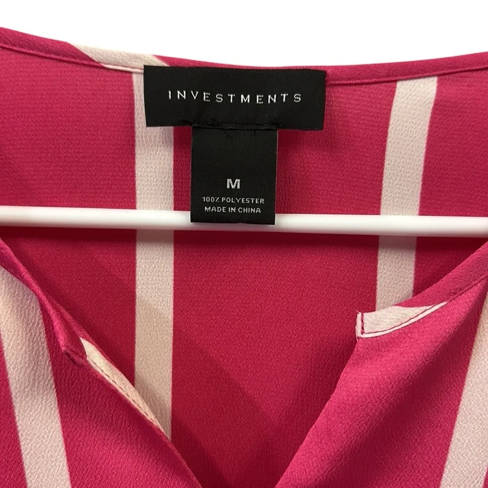 Investments Pink White Striped Satin Long Sleeve Split Neck Blouse Womens Medium - Image 9