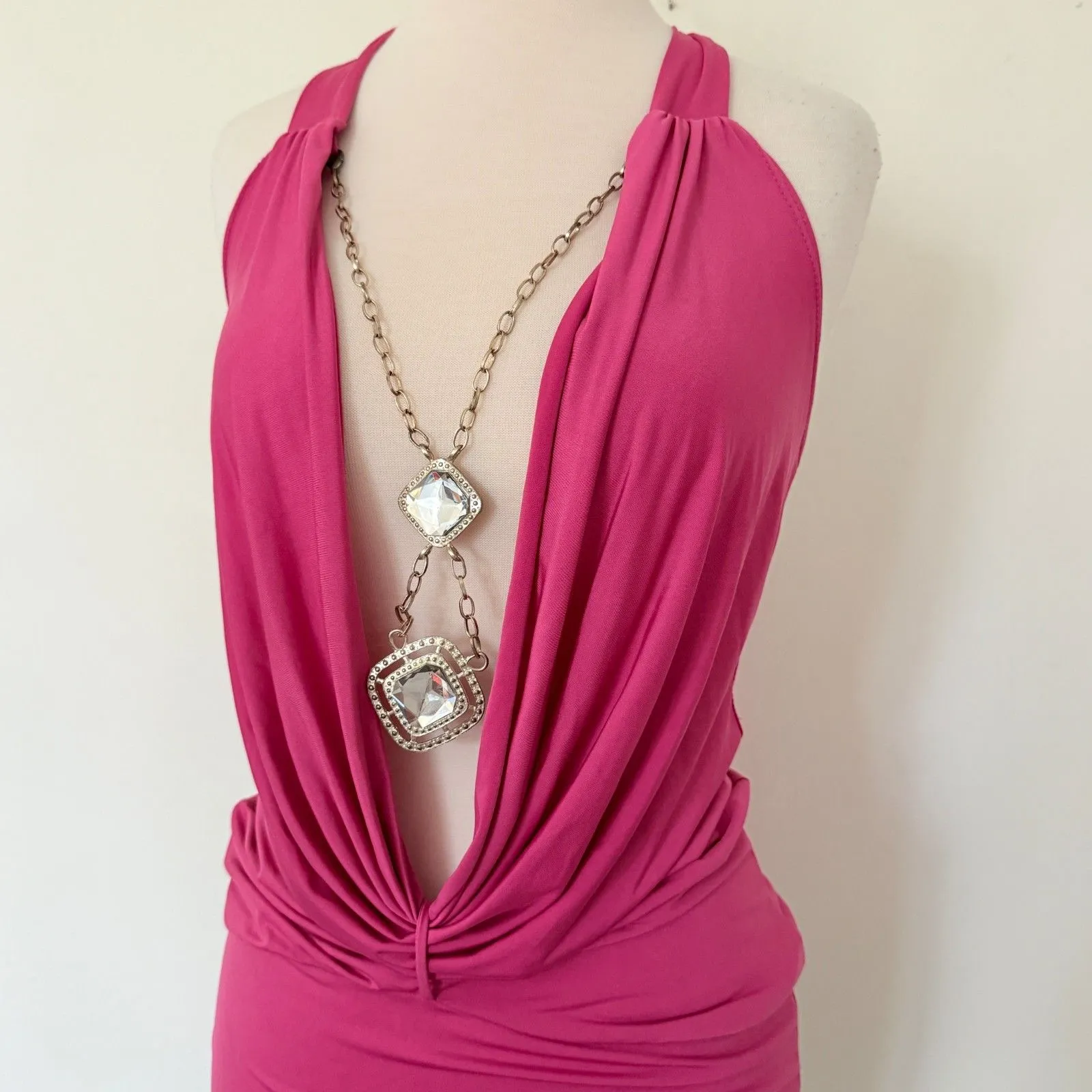 NOS Wet Seal Y2K VTG Pink Plunge Cowl Ruched Glam Clubwear Party Halter Top XL - Image 4