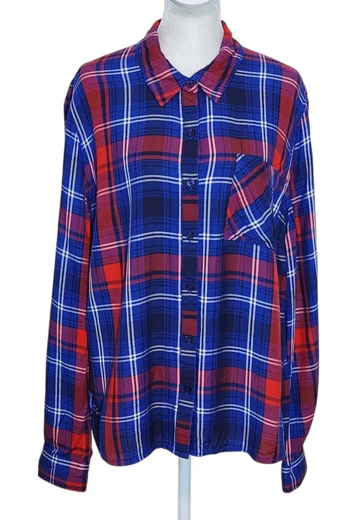 Como Vintage Navy and Red Plaid Button Down Shirt Size Large Preppy Plaid Shirt - Image 1