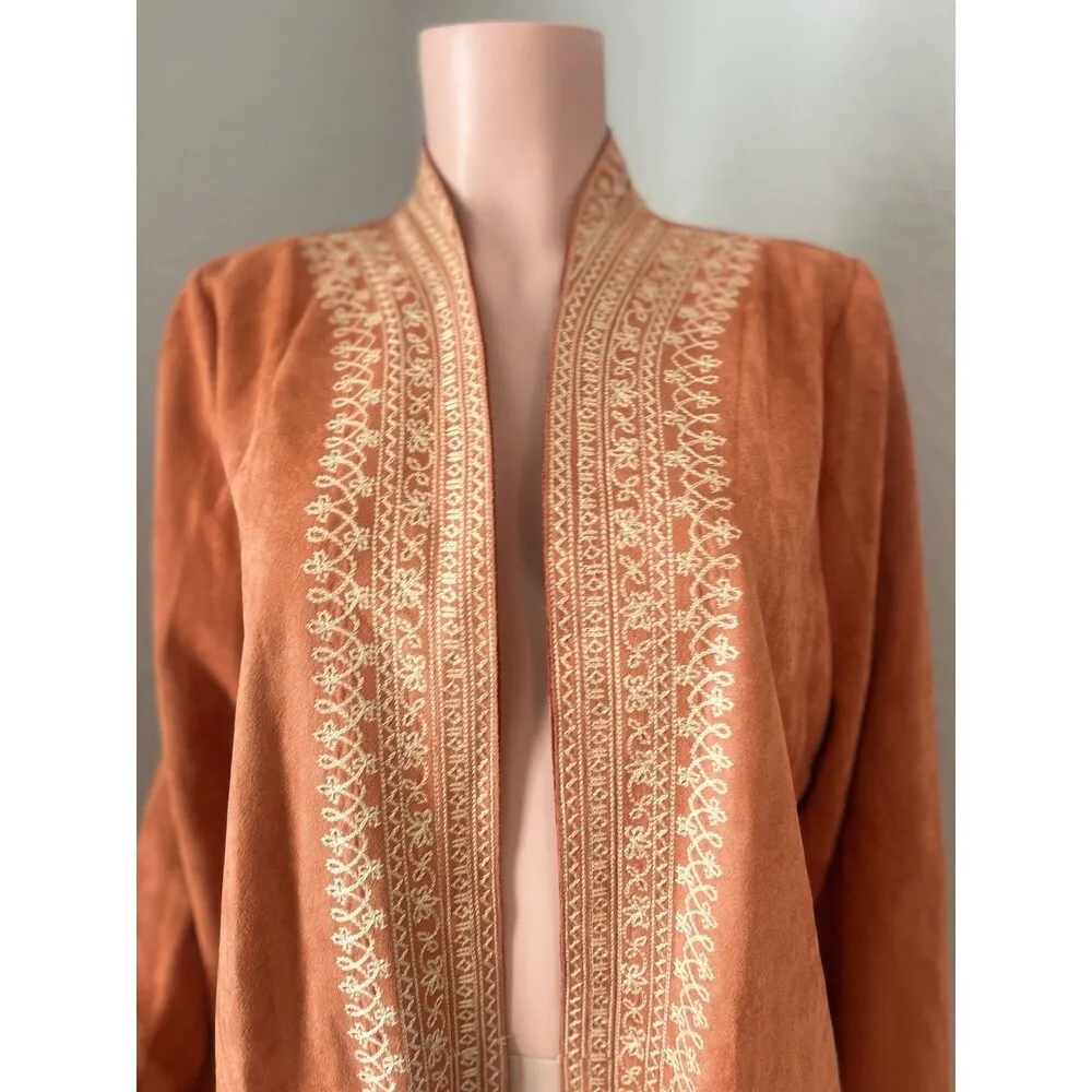 Soft Surroundings Faux Suede Orange Duster Coat Jacket Cardigan Embroidered Sz L - Image 2