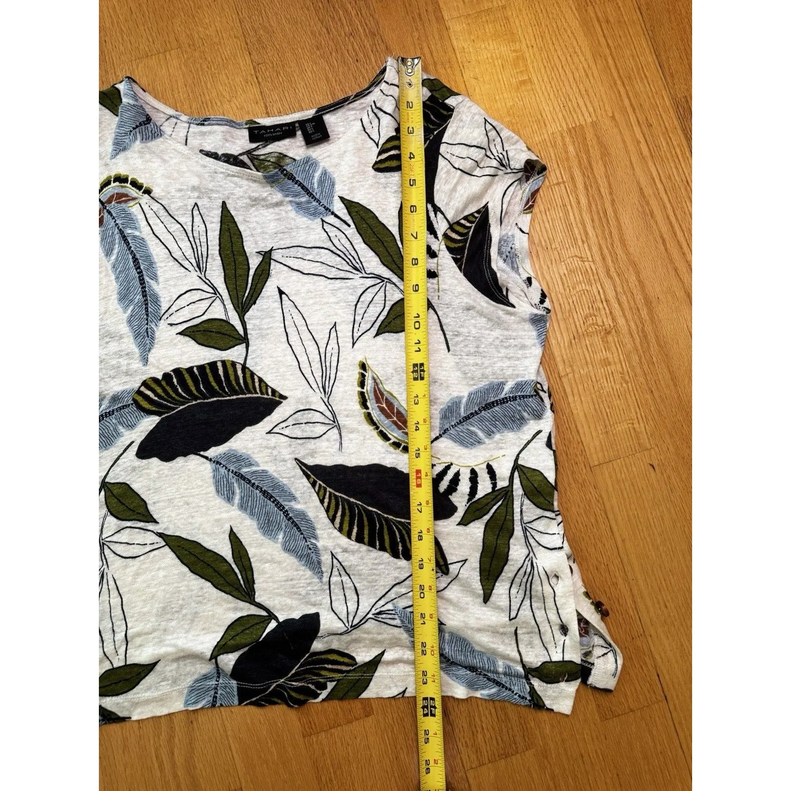 Tahari Women's 100% Linen Short Sleeve Blouse Top Tropical Leaf Print Cream Sz L - Image 7
