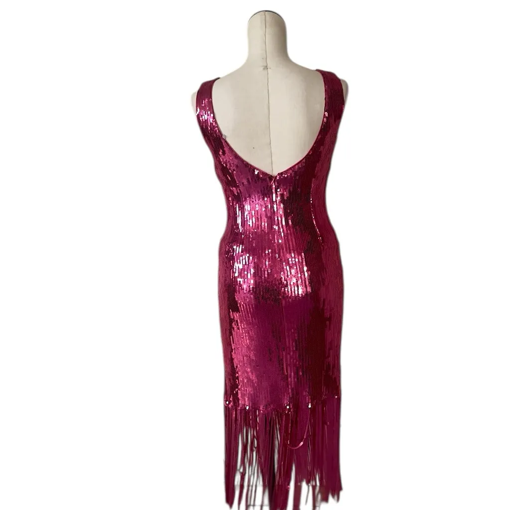 NWT $188 Nanette Lepore Sequin Fringe Sleeveless Midi Dress Pink/Wine  cocktail - Image 4