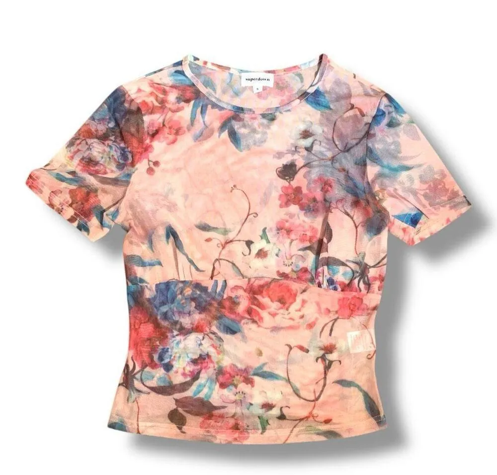 Superdown Simona Sheer Pastel Short Sleeve Top Floral Multi Size Small Y2K - Image 11