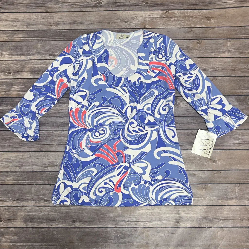 Katherine Way White Pink Blue Periwinkle 3/4 Circular Flounce Sleeve U Neck Top Size XS - Image 5