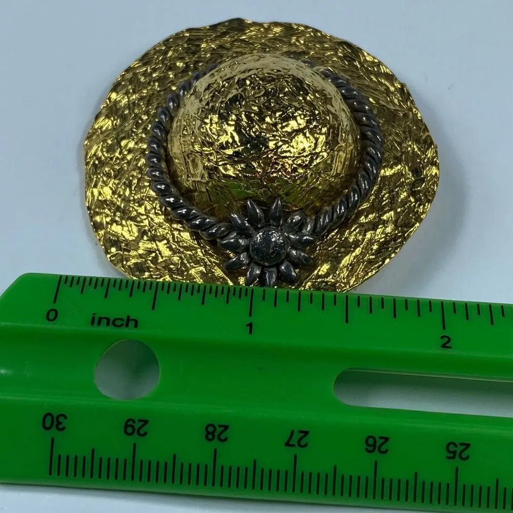 Premier Designs 3 D Hat Brooch Textured Hammered Metal Gold Tone Flower Accent - Image 9