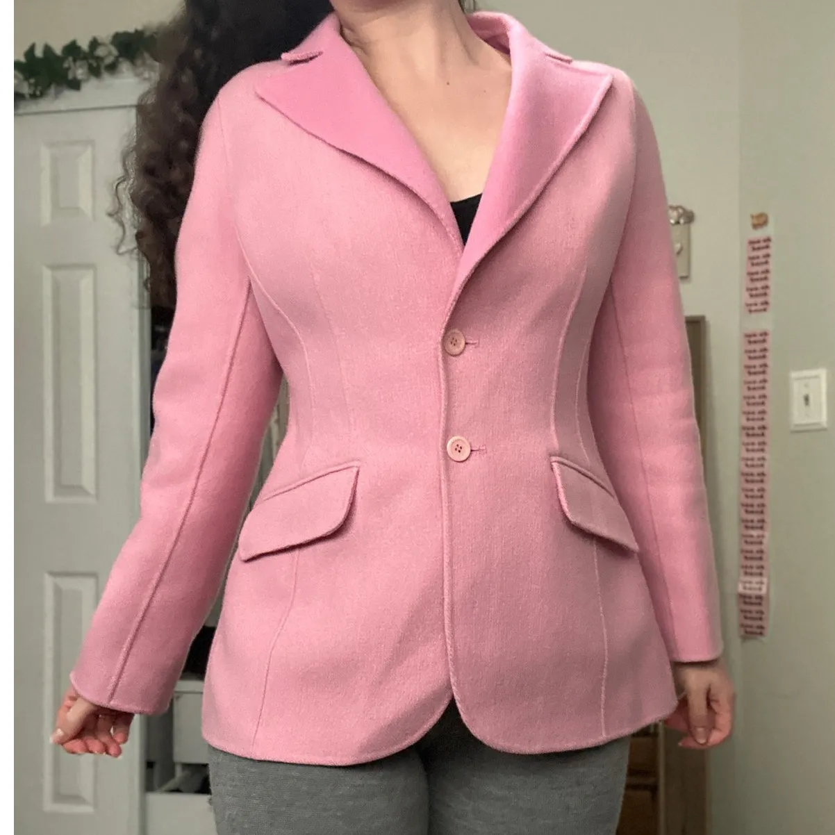Vintage 80s Jôn Tailored Flocked Wool Knit Blazer Jacket Collared Candy Pink Size 4 - Image 2