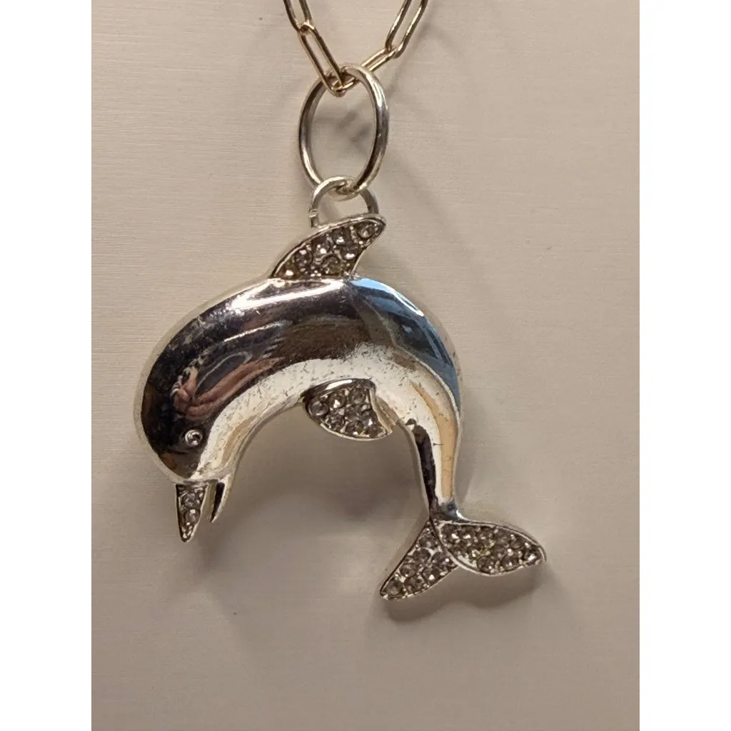 Silver Dolphin Pendant Necklace With Rhinestone Accents On Gold-Tone Paperclip C - Image 2