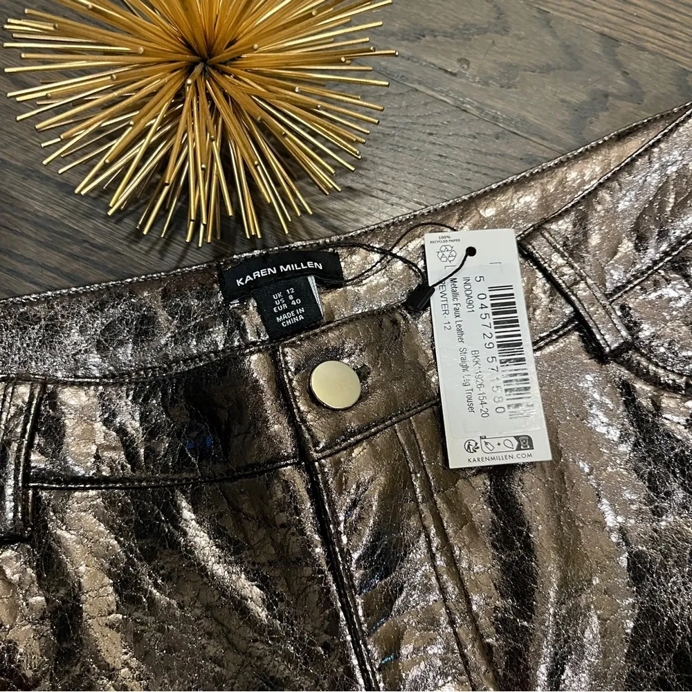 Karen Millen NWT Metallic Faux Leather Straight Pants Size 12 - PEWTER - Image 6