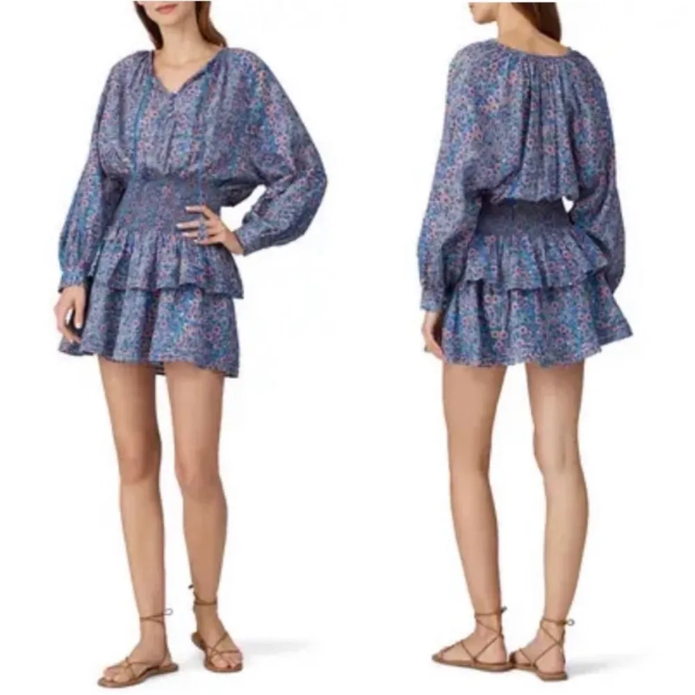 Cleobella Bianca Long Sleeve Mini Dress Floral Pattern Ruffles Blue Pink Flowers - Image 6