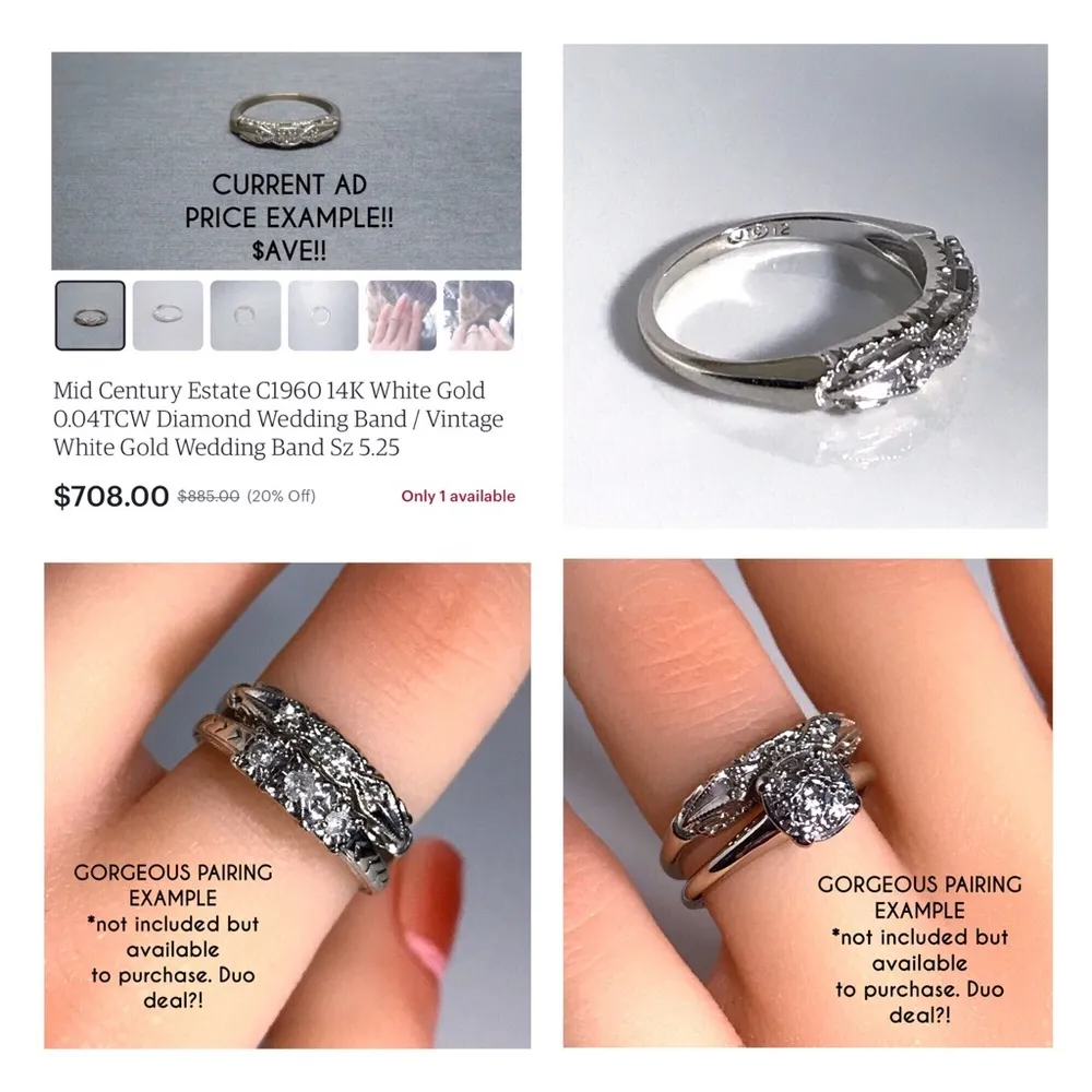 14KT ART DECO STYLE SOLID WHITE GOLD MID CENTURY MODERN 5 DIAMOND BAND RING - Image 8