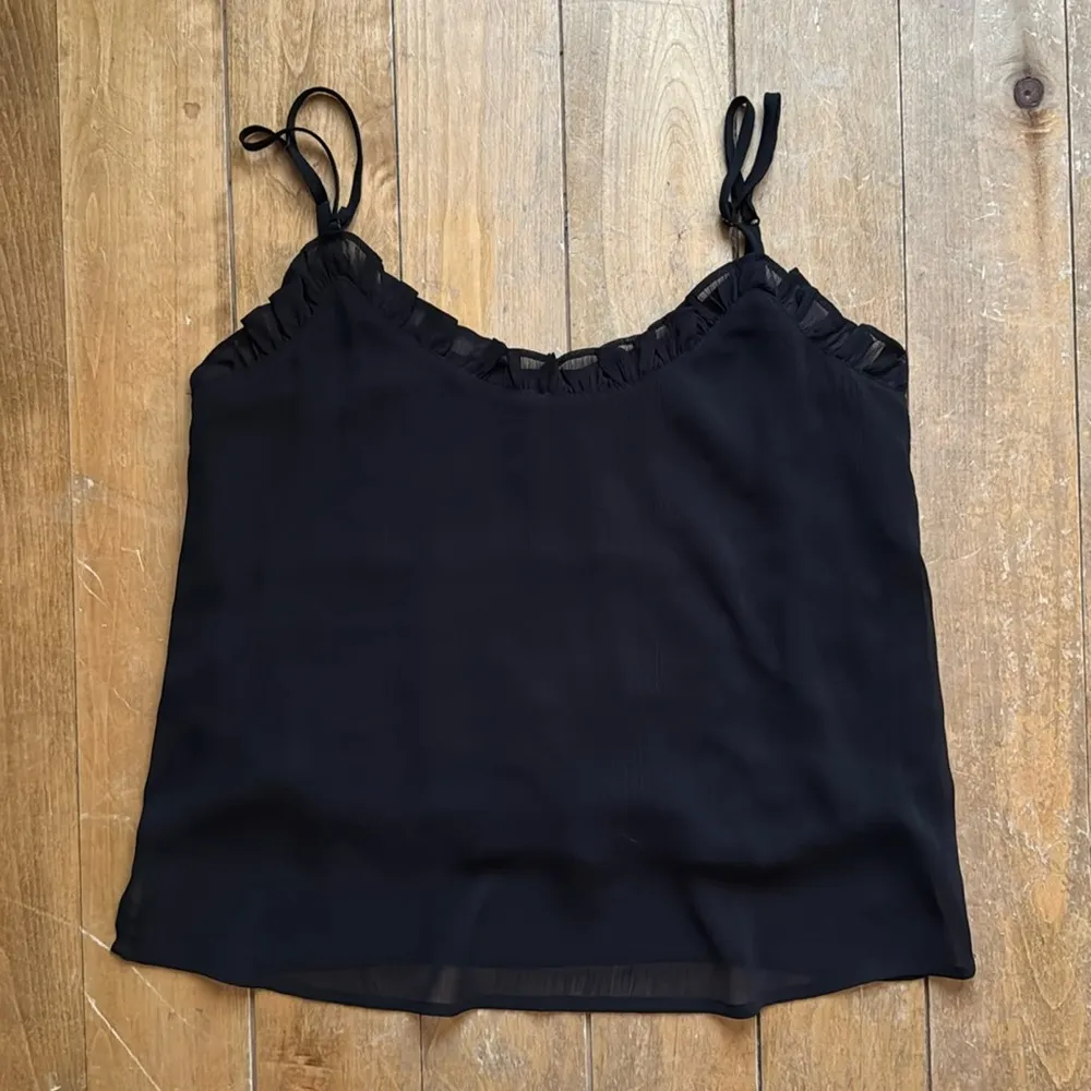 Sleek Black Camisole Top with Delicate Ruffle Neckline Small - Image 2