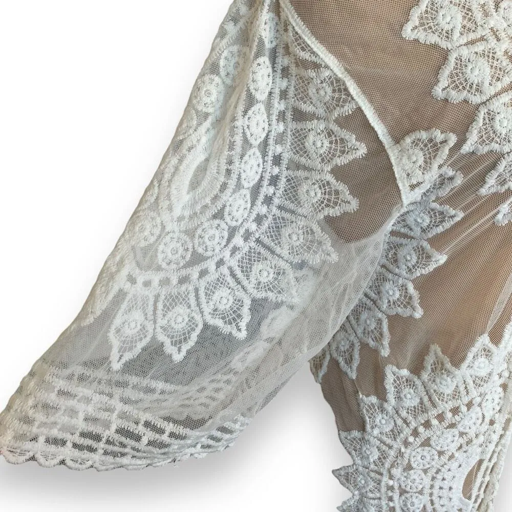 Rachel Zoe Kimono Sheer White Embroidered Lace Long Open Front Boho Swim Coverup - Image 2