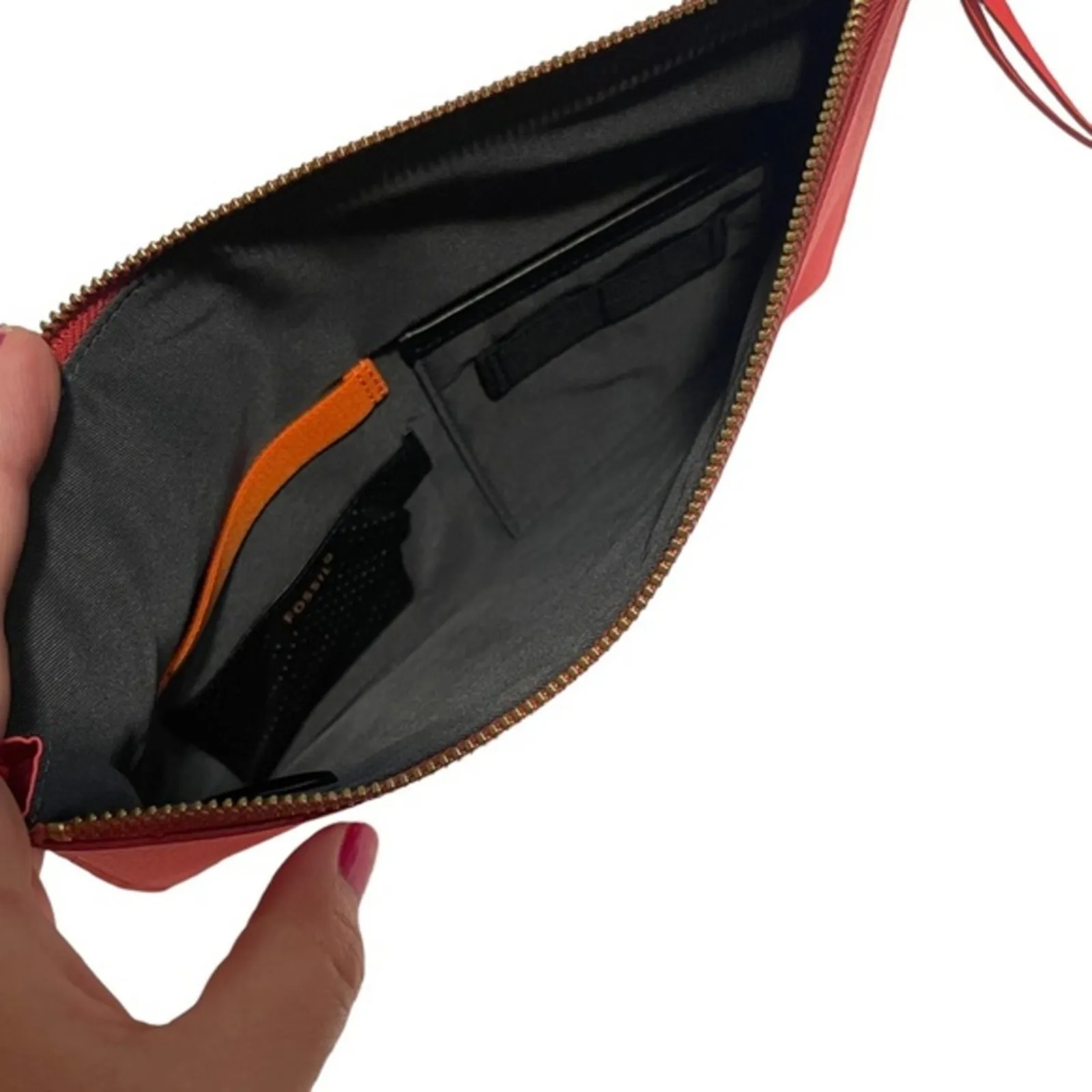 Fossil Emma Pouch Neon Coral Pebbled Leather - Image 8