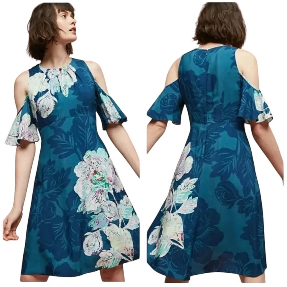 MAEVE Anthropologie Elia Floral Print Dress Cold Shoulder Blue Teal Size 10 NWOT - Image 3
