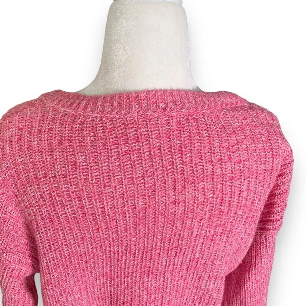BP V-Neck Sweater Vibrant Pink Marled Knit Cropped Loose Weave Pullover XS - Image 6