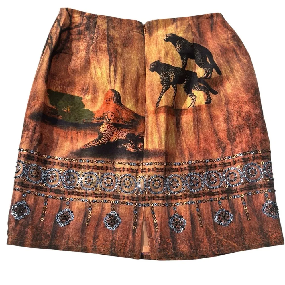 Silk‎ Club Petite Silk Skirt Cheetah Animal Print Sequin Embellished P/8 Brown Size 8P - Image 6