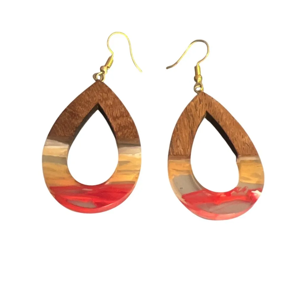 Vintage Wood Acrylic Open Teardrop Dangle Earrings Hooks Resin Estate 2.75" Red - Image 2