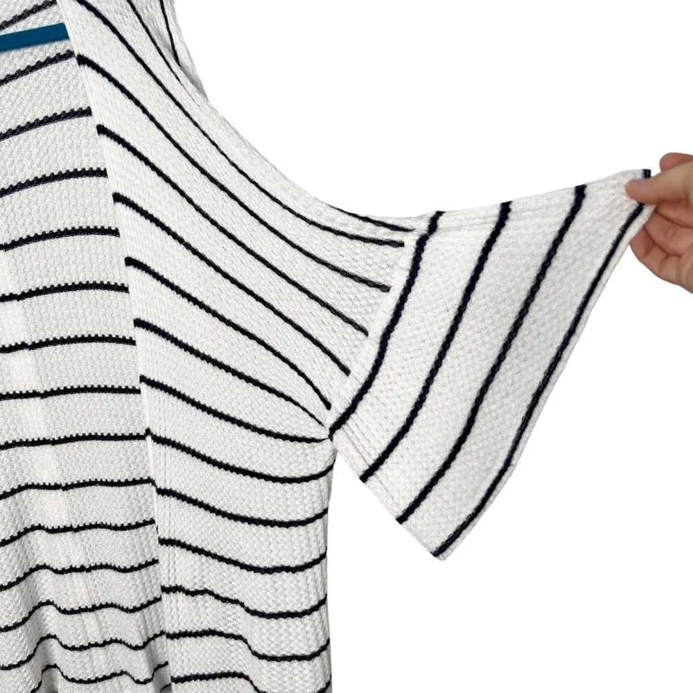 Altar’d State White & Navy Blue Striped Ruffle Sleeve Button Back Cardigan - Image 4