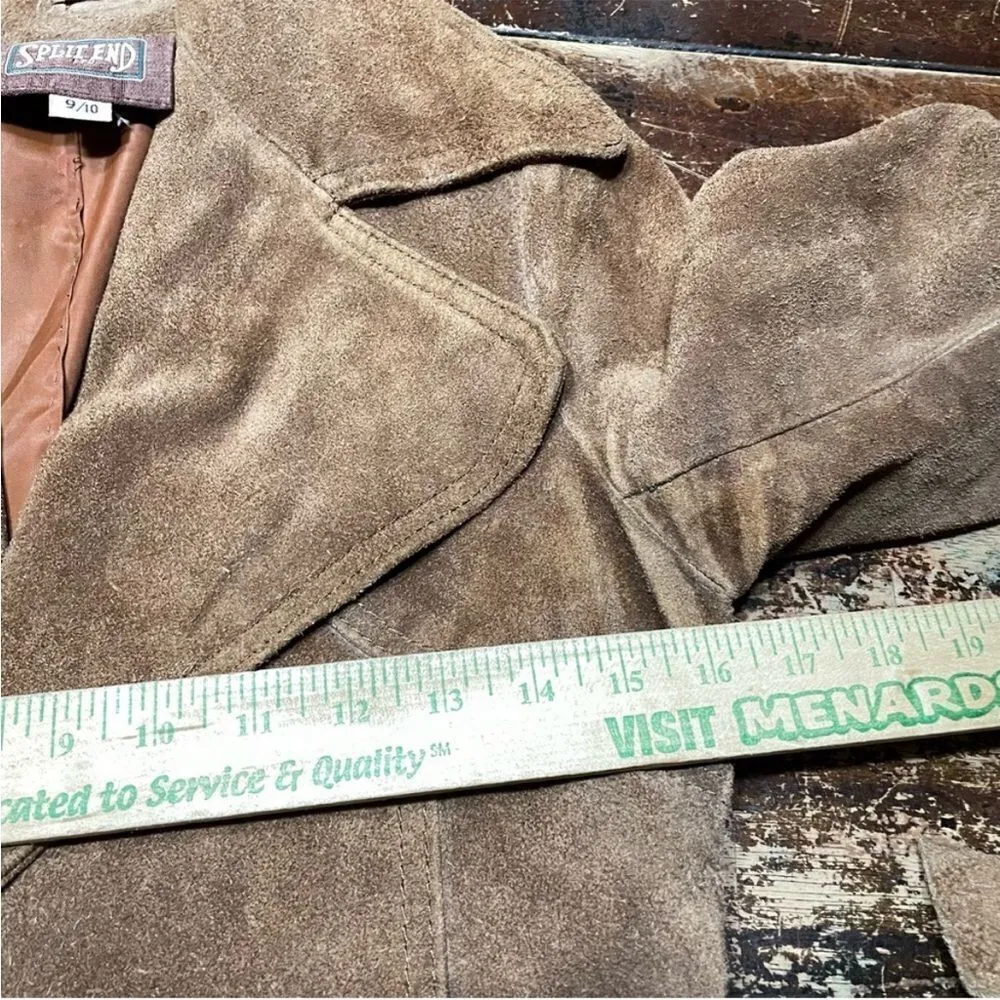 Vintage 70s Suede Leather Belted Mini‎ Trench Jacket Brown 9/10 Brown Size XS - Image 8
