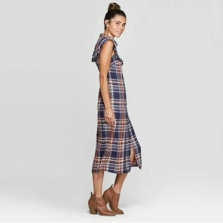 Universal Thread Western Boho Flannel Navy Plaid Sleeveless Midi Dress L - Image 2