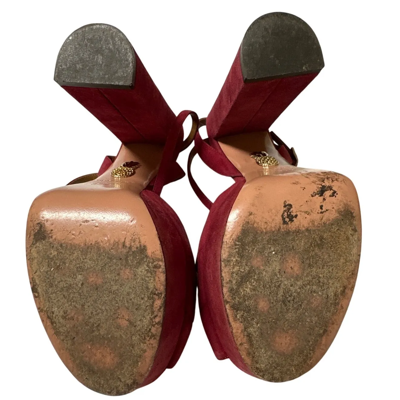 Aquazzura Mira Red Suede Platform Heels IT 37.5 US 7.5 Block Slingback Sandals Size 6.5 - Image 7