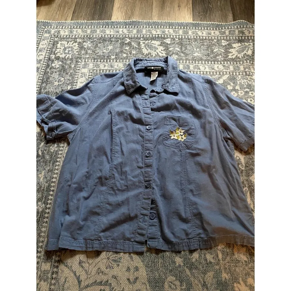 Vintage Embroidered Linen Denim Button Up Top 1X Floral Cottage Granola Heritage Blue - Image 5