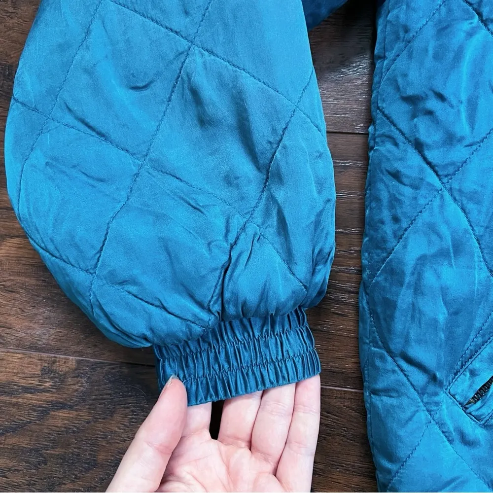 vintage • 80s silk bomber jacket quilted teal blue diamond zip front Robert Stoc Size M - Image 5