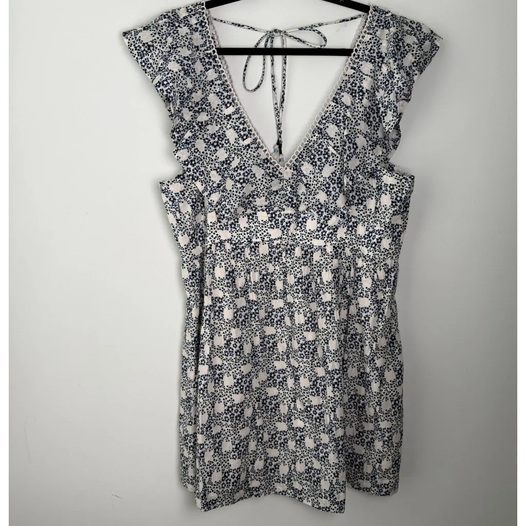 Anthropologie V-Neck Plunge Mini Tunic Dress Blue Cream Size L Garden Party - Image 5