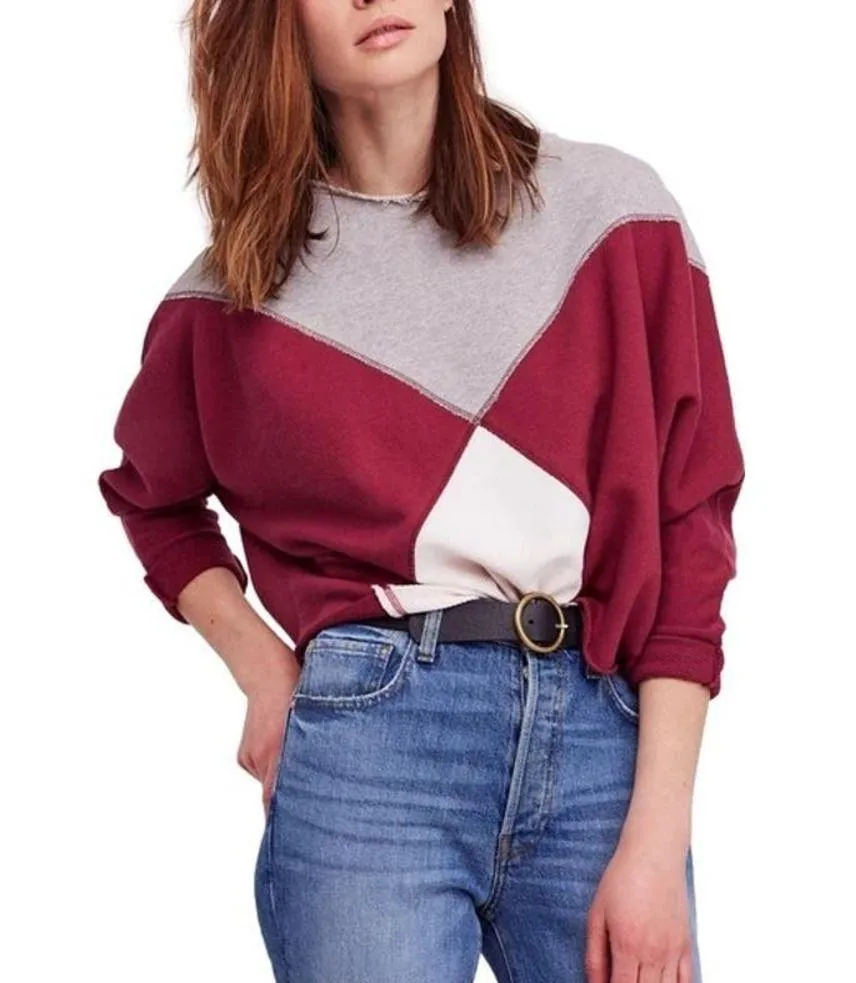 Free People Sweatshirt Womens Small Montauk Pullover Burgundy Colorblock Cropped - Image 2