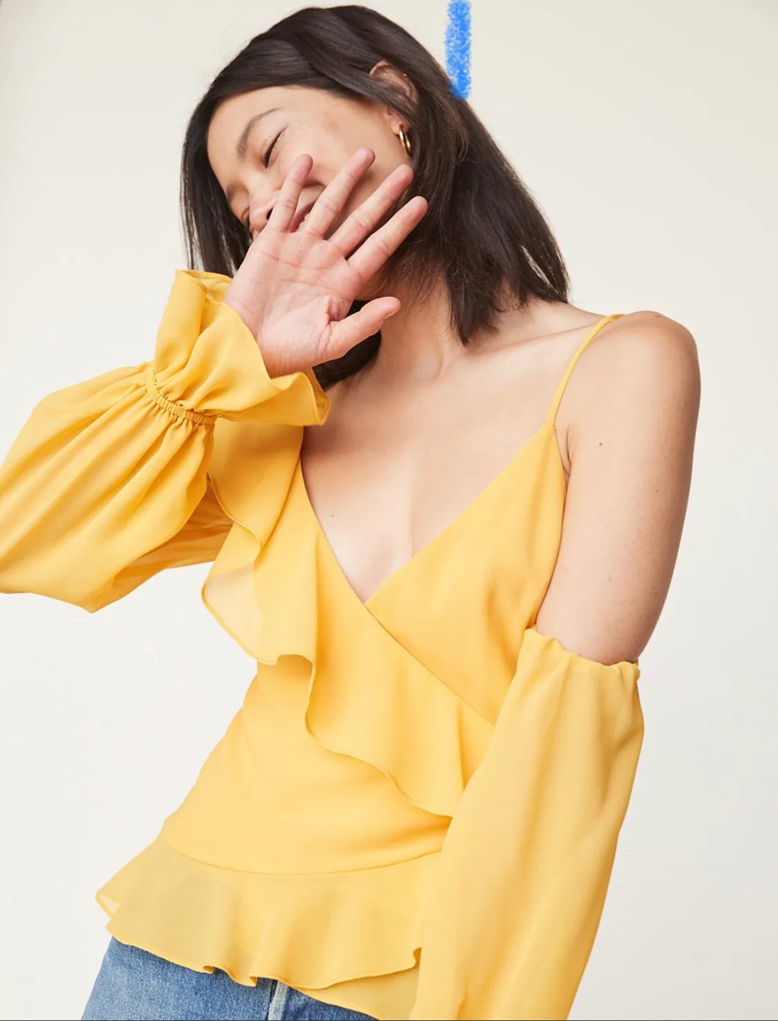 Yellow Asymmetrical Ruffle Wrap Top - Image 3